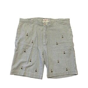 BARRY BRICKEN Mens Sz 38 Blue Striped Seersucker Embroidered Hula Girl Shorts